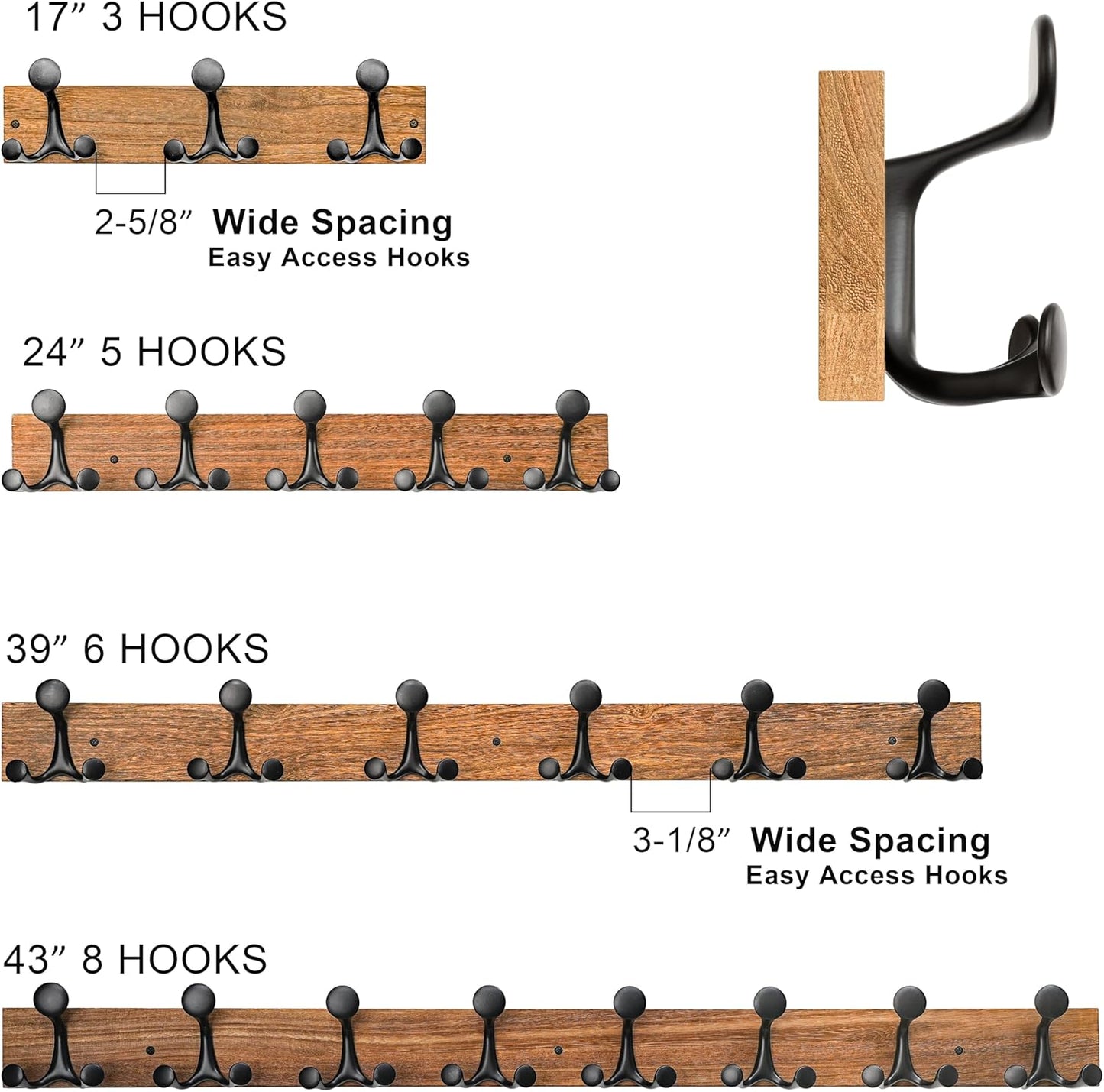 SKOLOO 17-Inch Wood Burnt Coat Rack Wall Mount with 3 Triple Hooks - Ideal for Family Entrances, Classrooms, and Pet Supplies Storage - Perfect Coat Hooks for Wall, Pack of 2