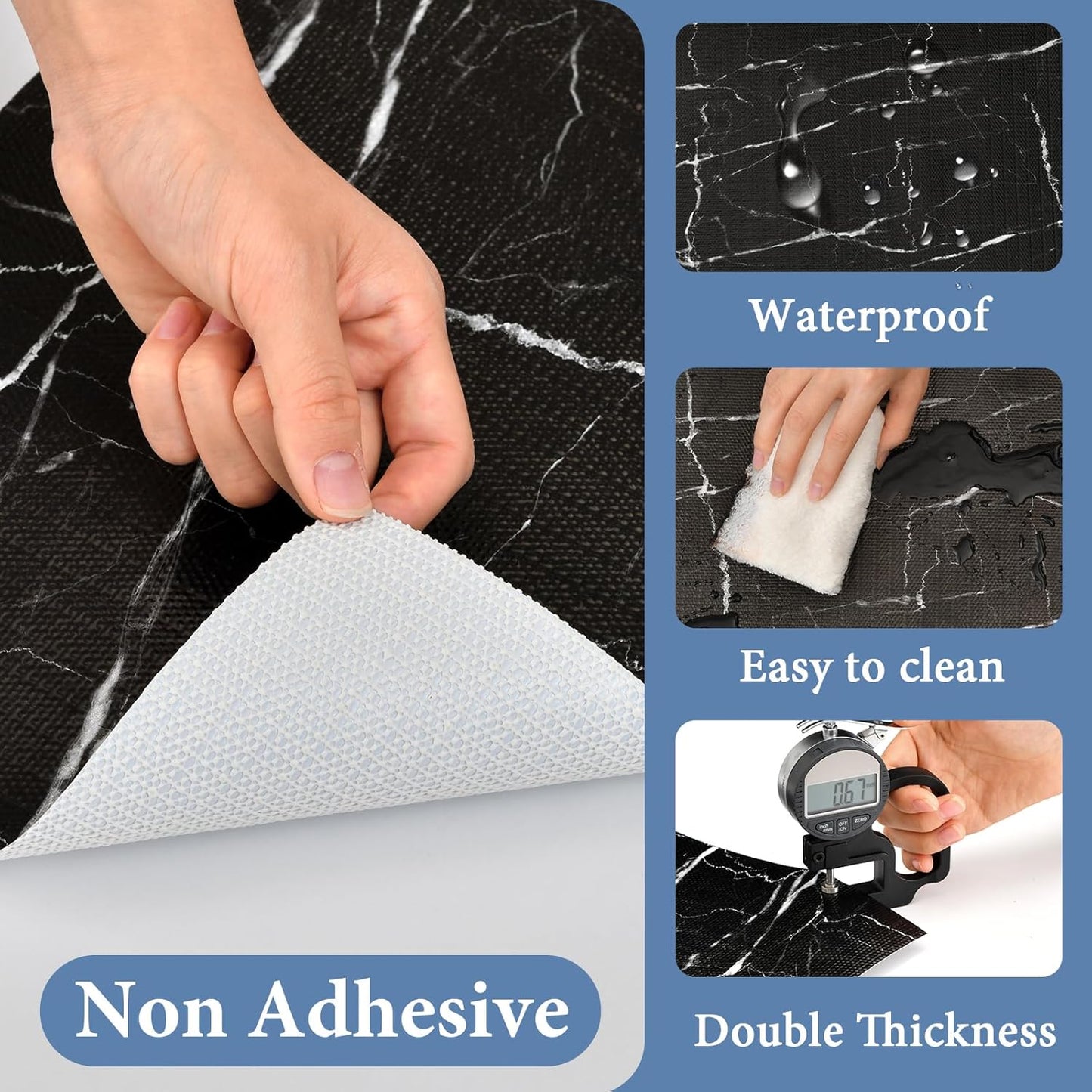Drawer and Shelf Liner for Kitchen Cabinet: 12 in X 30 Ft Non Slip Waterproof Shelf Paper Non Adhesive Refrigerator Liners Black Marble Easy Liners for Bathroom with Knife Tape Measure