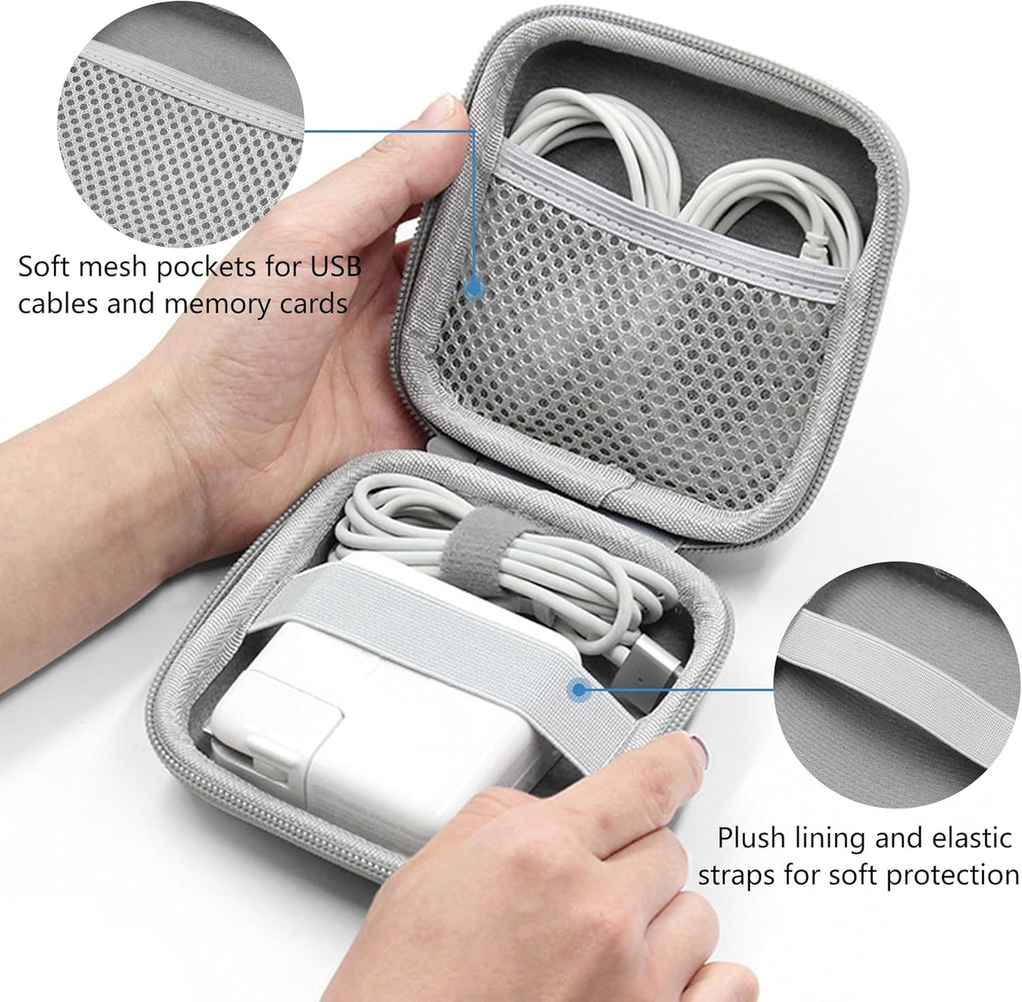 Charger Case for Macbook, Portable Tech Electronic Organizer Bag, Travel Storage Pouch for Laptop Accessories, MacBook Power Adapter, Charging Cords, USB Drives, Power Bank (Grey PU, M)