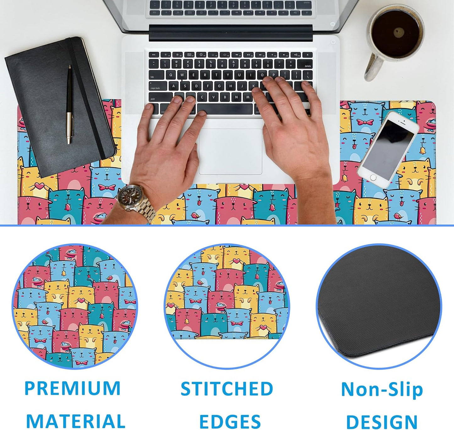 Kawaii Colorful Cats Desk Mat,Large Gaming Mouse Pad,Non-Slip Rubber Base Desk Pad with Stitched Edges for Desk Office Home Decor 35.4X15.7 Inch