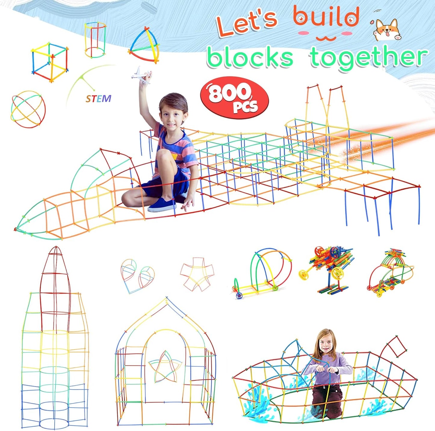 Ggiibro Straw Constructor Toys 800Pcs STEM Building Toy for 3+ Year Interlocking Plastic Engineering Toys Thin Tube Blocks Educational Toy Kit for Indoor Kids Toy with a Storage Box
