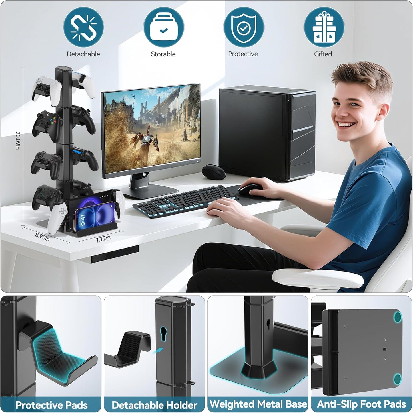 Gaming Headset & Controller Holder Stand for Gamer Gift, Gaming Headphone Desk Organizer Storage with Cable Hook for Xbox/ PS5/ PS4/ Controller, Nintendo Switch 1/ 2/ PS Portal Console/ Remote & Phone