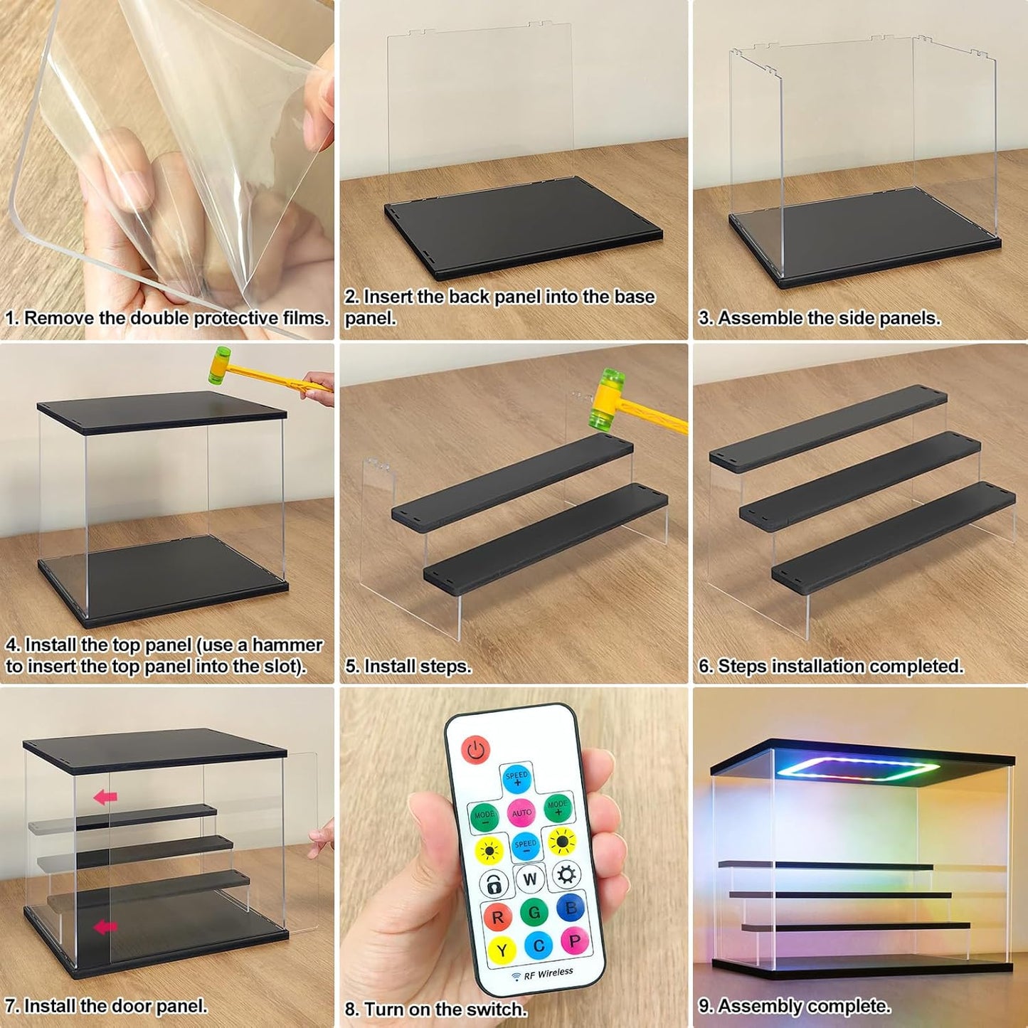 NONEMEY Clear Acrylic Display Case with Light ,3/4/5/6 Tier Multiple Color Lights via Remote Control Dustproof Display Box for Collectibles Figures Mini Toys (6 Tiers 19.6 * 12.5 * 16.5inch)