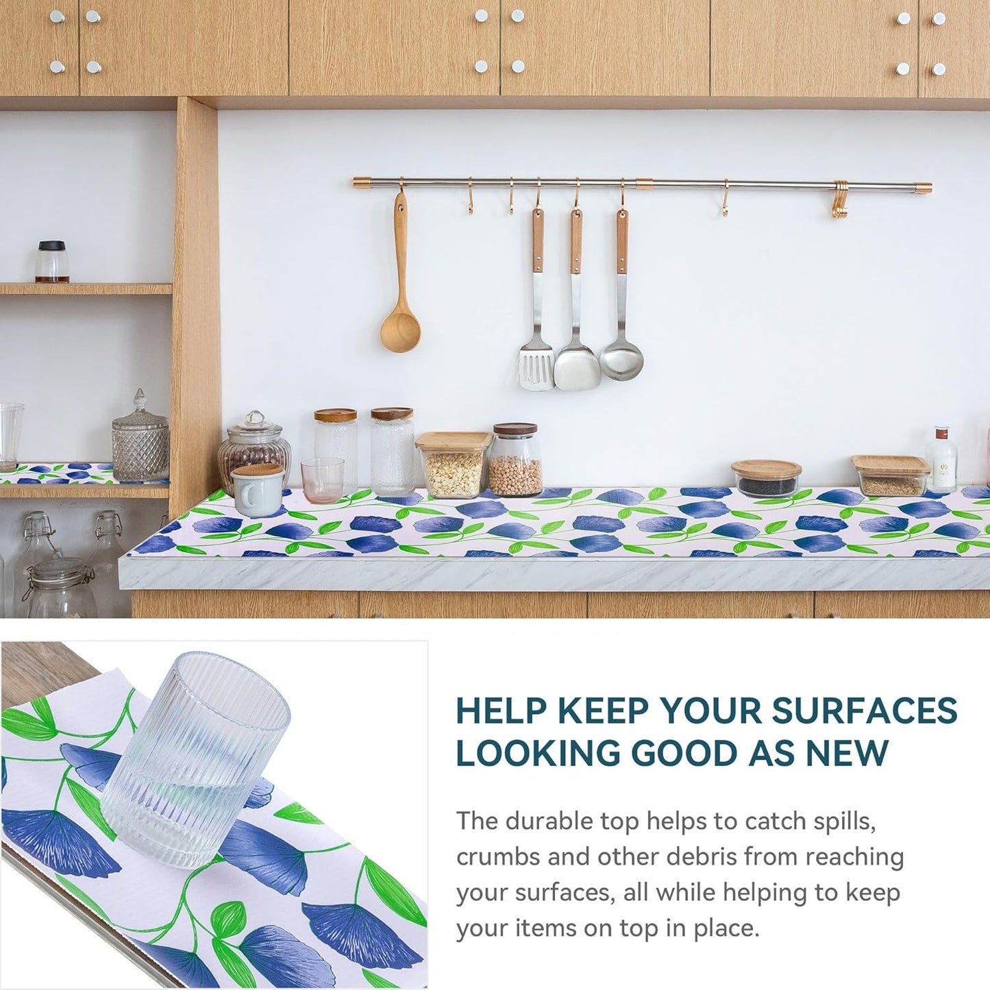 2 Rolls 12" W x 120" L Floral Drawer and Shelf Liner for Cabinets, Non-Adhesive Strong Grip Non-Slip Flower Shelf Cabinet Kitchen Shelf Liners for Kitchen Cabinets