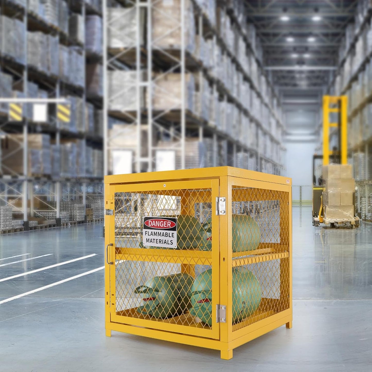 VEVOR Horizontal Cylinder Storage Cabinet, 4 Cylinder Capacity, 31x30x35 inch Propane Storage Cage, Gas Cylinder Cabinet with Yellow Powder Coat Finish