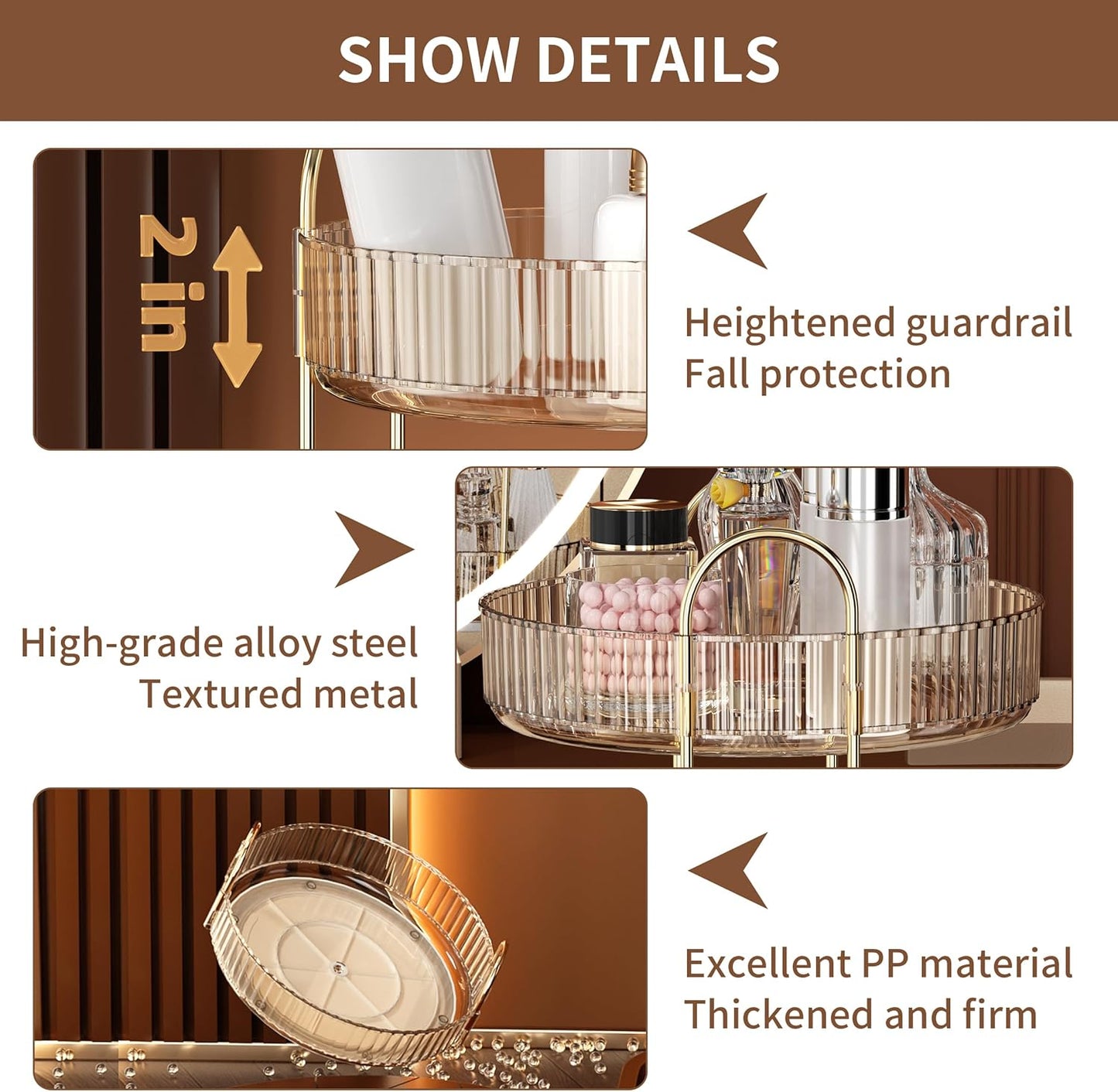 YCIA&DONE 360 Rotating Makeup Organizer and Storage for Vanity Countertop 3 Tiers, High Capacity Cosmetic Skincare Perfume Organizers for Dresser Bathroom Lazy Susan (Amber Gold)
