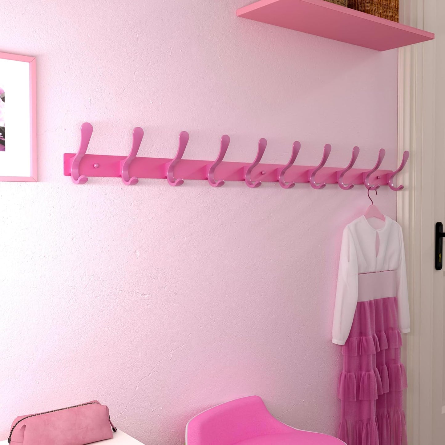 SKOLOO Coat Rack Wall Mounted - 10 Hooks, Pack of 2, Heavy Duty, Stainless Steel, Metal Wall Hanger, Sturdy Coat Hooks for Hanging Coats, Jacket, Clothes, Hat, Pink