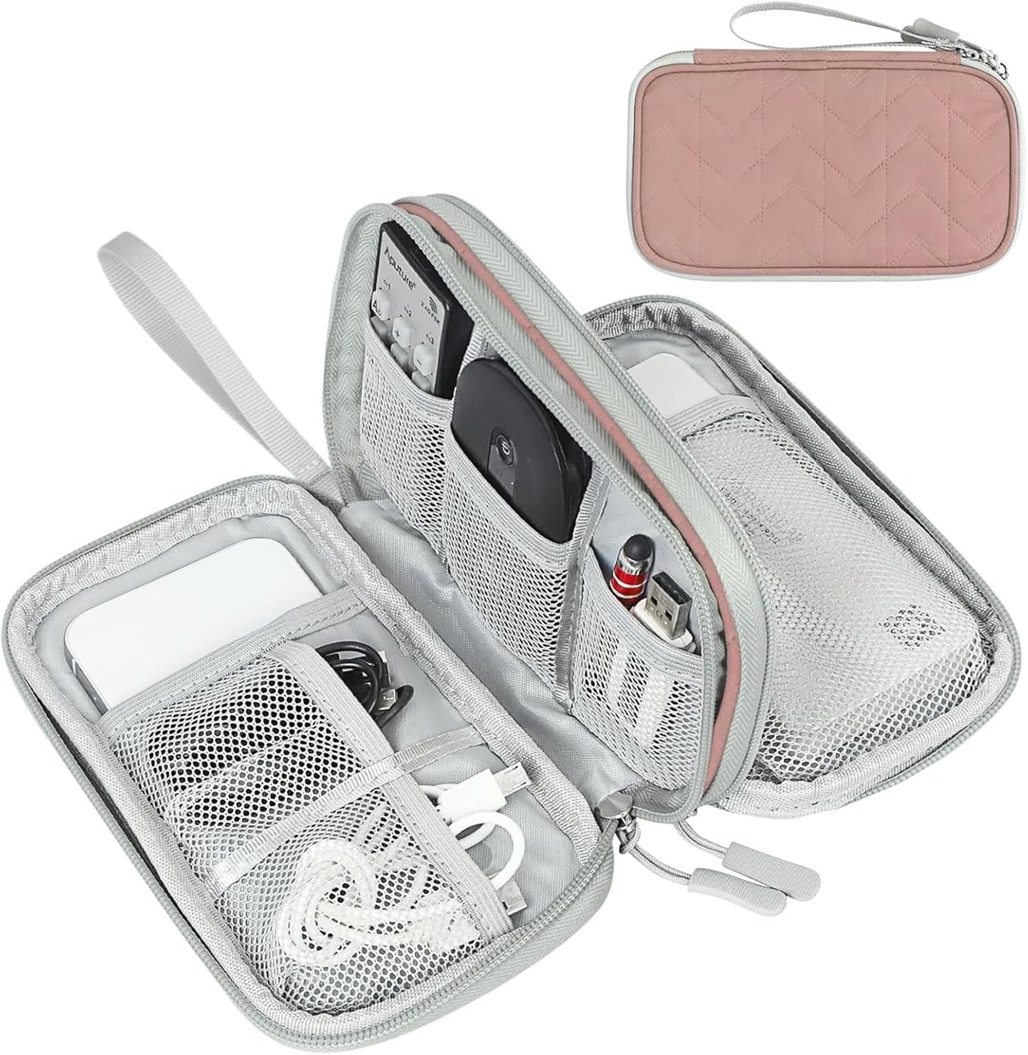 FYY Travel Cable Organizer Bag Pouch Electronic Accessories Carry Case Portable Waterproof Double Layers All-in-One Storage for Cable, Cord, Charger, Phone,-Pattern Pink(M)