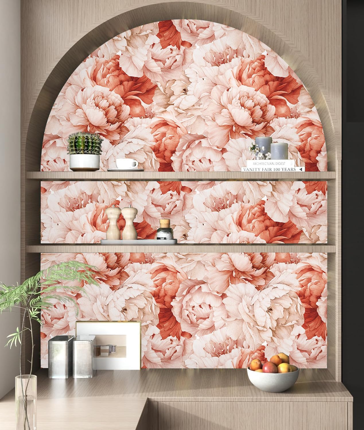 HAOKHOME Floral Shelf Liner and Cabinet Liner, Self-Adhesive Drawer Liners, Peel and Stick Contact Paper Liner Kitchen Cabinets and Cupboard, Bathroom Drawers, Pink/Dark Orange 17.3in x 6.5ft