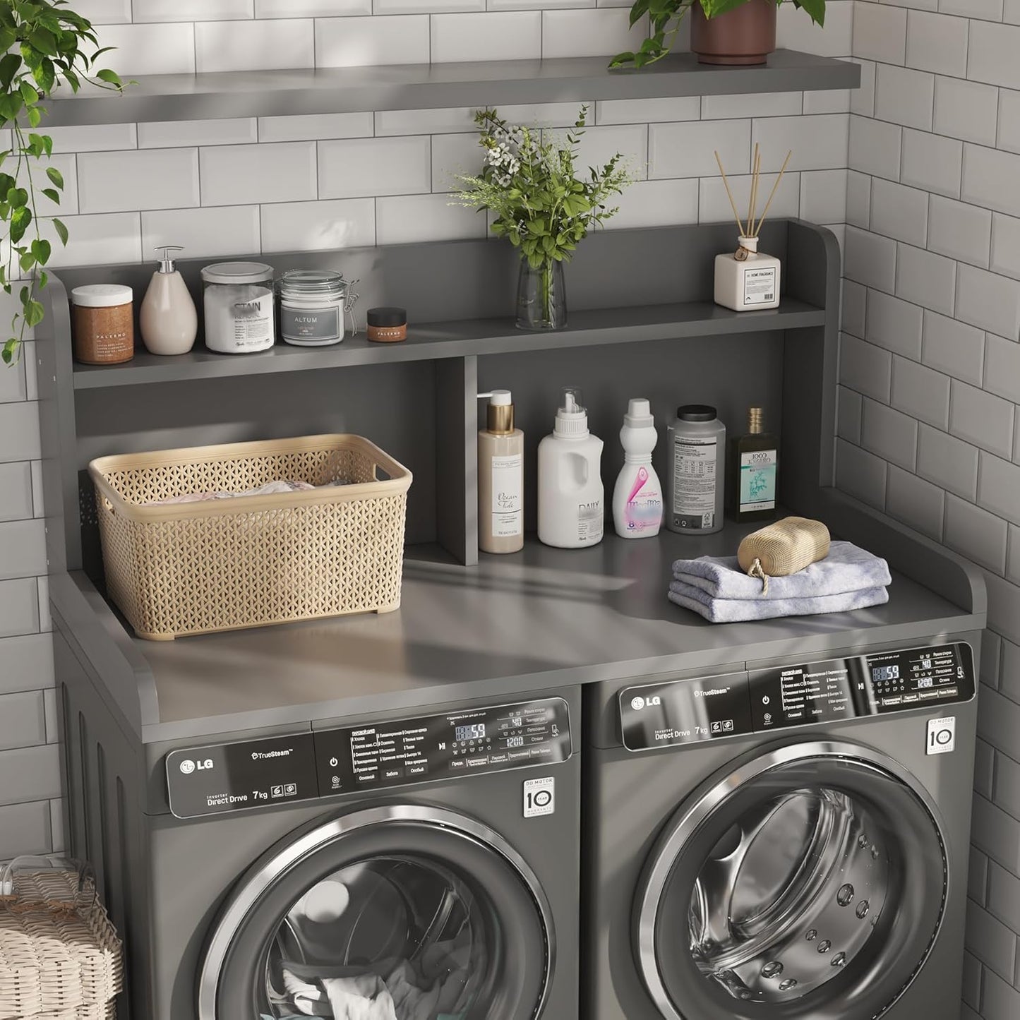 2-Tier Washer Dryer Countertop, 18.5" Raised Height Laundry Countertop with Edge Rails and Non-Slip Pad, 54" W x 27.55" D Washer and Dryer Topper for Laundry Room Storage Organization (Gray)