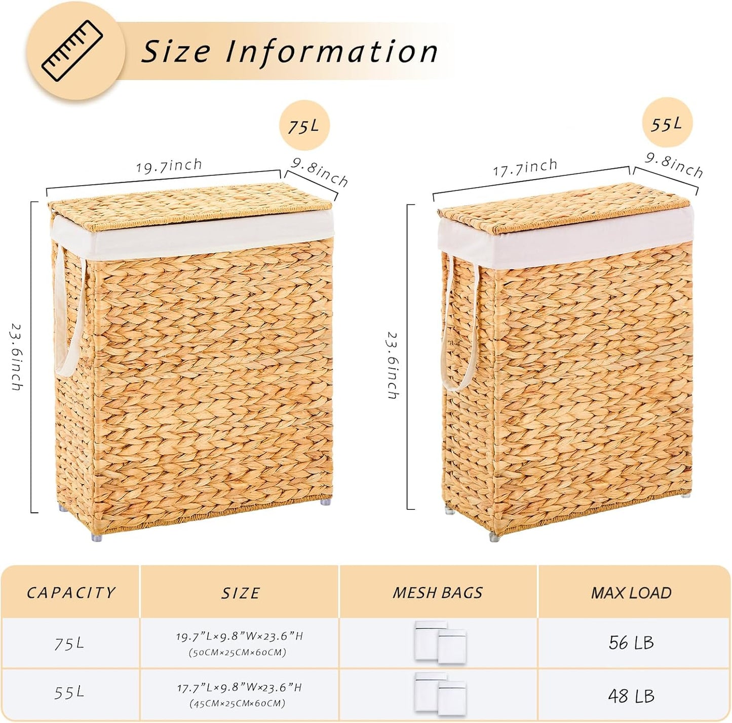 Handwoven Slim Laundry Hamper with Lid, 75L Natural Water Hyacinth Basket and Handles, Narrow Wicker Laundry Basket with Removable Liner Bag & 2 Mesh Bags