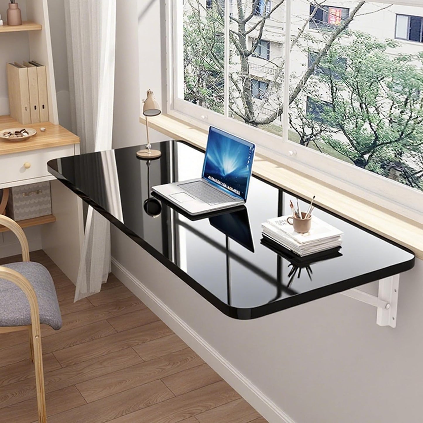 Wall Folding Table for Laundry Room,Floating Desk for Wall Small Spaces,Fold Down Table for Home Office Computer Workstation,Study Work Bench, Kitchen Dining (Black 35.4×19.7inch