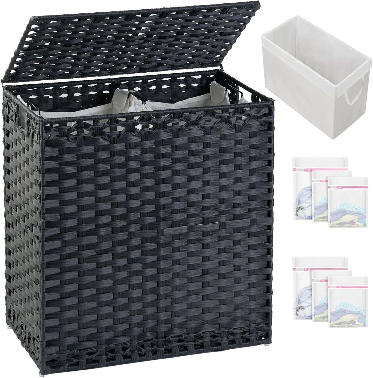 Laundry Hamper with Lid Wicker Laundry Basket 112 L (29.6 Gal) Laundry Hampers Handwoven Rattan Clothes Hamper with Handles 3 Removable Liner Bag, 6 Mesh Bags for Bathroom Bedroom Black