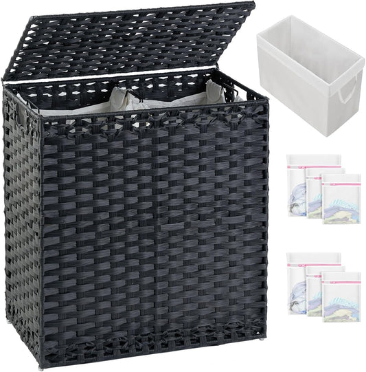 Laundry Hamper with Lid Wicker Laundry Basket 112 L (29.6 Gal) Laundry Hampers Handwoven Rattan Clothes Hamper with Handles 3 Removable Liner Bag, 6 Mesh Bags for Bathroom Bedroom Black