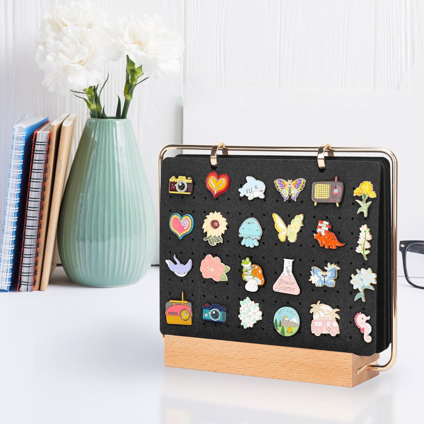 Pacmaxi Pin Display Organizers, Brooch Pin Holder, Enamel Pin Display Pages for Store 180+ Pins, Pin Collection Storage Calendar Wooden Stand with 6 Pages (Not Include Any Accessories) (Color)