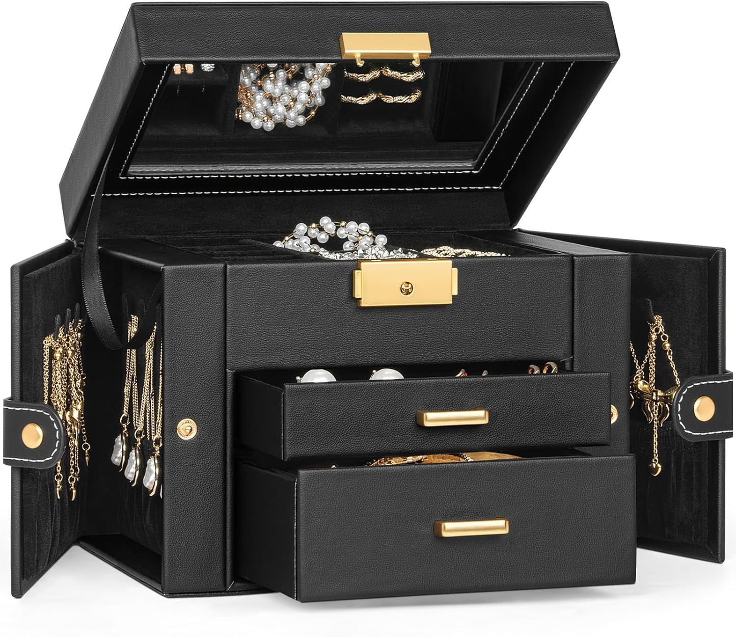 TORIBIO Jewelry Box for Women, Leather Jewelry Organizer with Mirror & Lock, 3-Tier Jewelry Storage Organizer with 2 Drawers for Girls/Women/Mothers, Necklace Earring Bracelets Holder Organizer