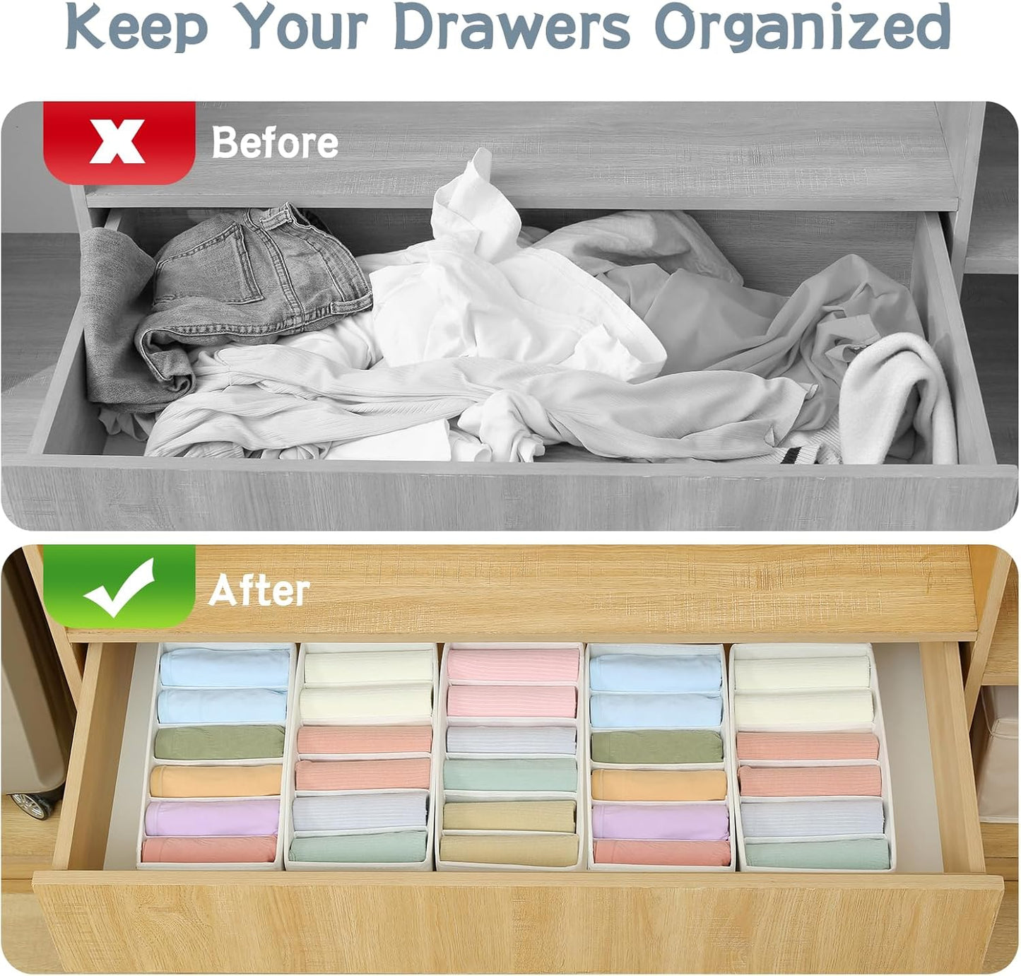 Qozary 3 Pack Sock Underwear Drawer Organizer Dividers, Non-Woven Fabric Collapsible Cabinet Closet Storage Boxes for Clothes, Socks, Lingerie, Underwear, Tie, Belt, Baby, Bedroom (White, 6 Cells)