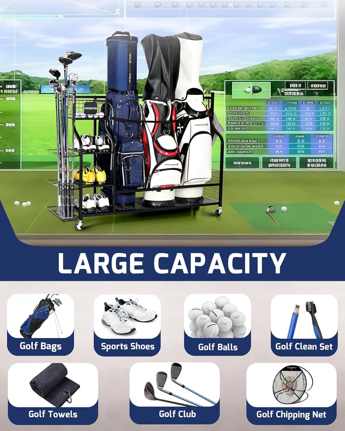 Golf Storage Rack, Garage Golf Organizer for 3 Golf Bags, Clubs, Balls, Shoes & Accessories, Garage Home Heavy Duty Golf Equipment Storage