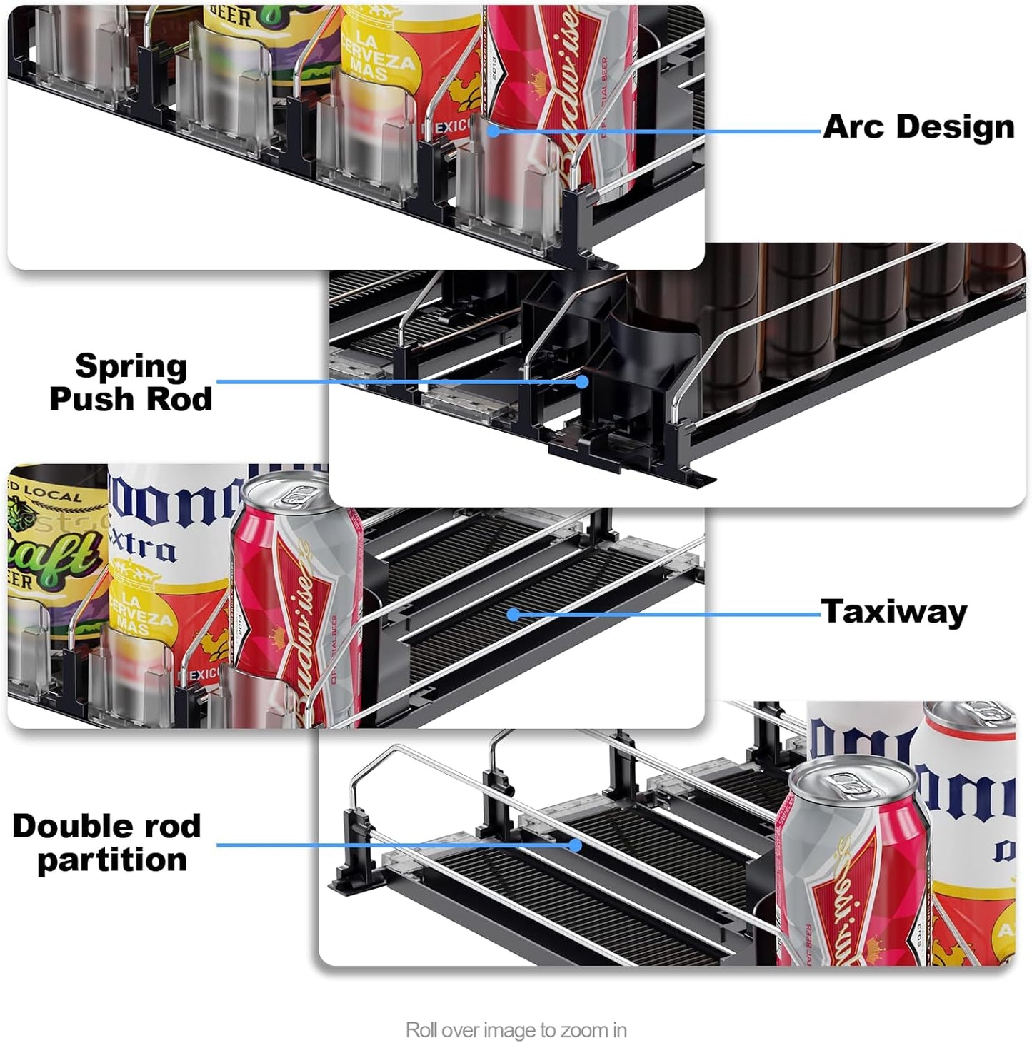 Drink Organizer for Mini Fridge,12oz - Soda Can Dispenser for Refrigerator,Width Adjustable,Automatic Pusher Glide (White (Mini 12.2"D), 12.2"D 2ROW, Holds 8 Cans)