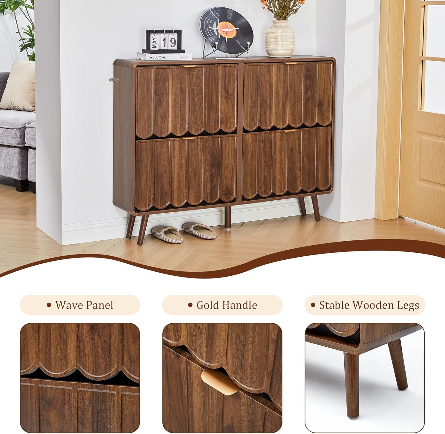 ORRD Shoe Storage Cabinet for Entryway with 4 Flip Drawers, Freestanding Narrow Wood Shoe Cabinet with Wave Panel, Hidden Shoe Organizer for Foyer, Hallway (Walnut)