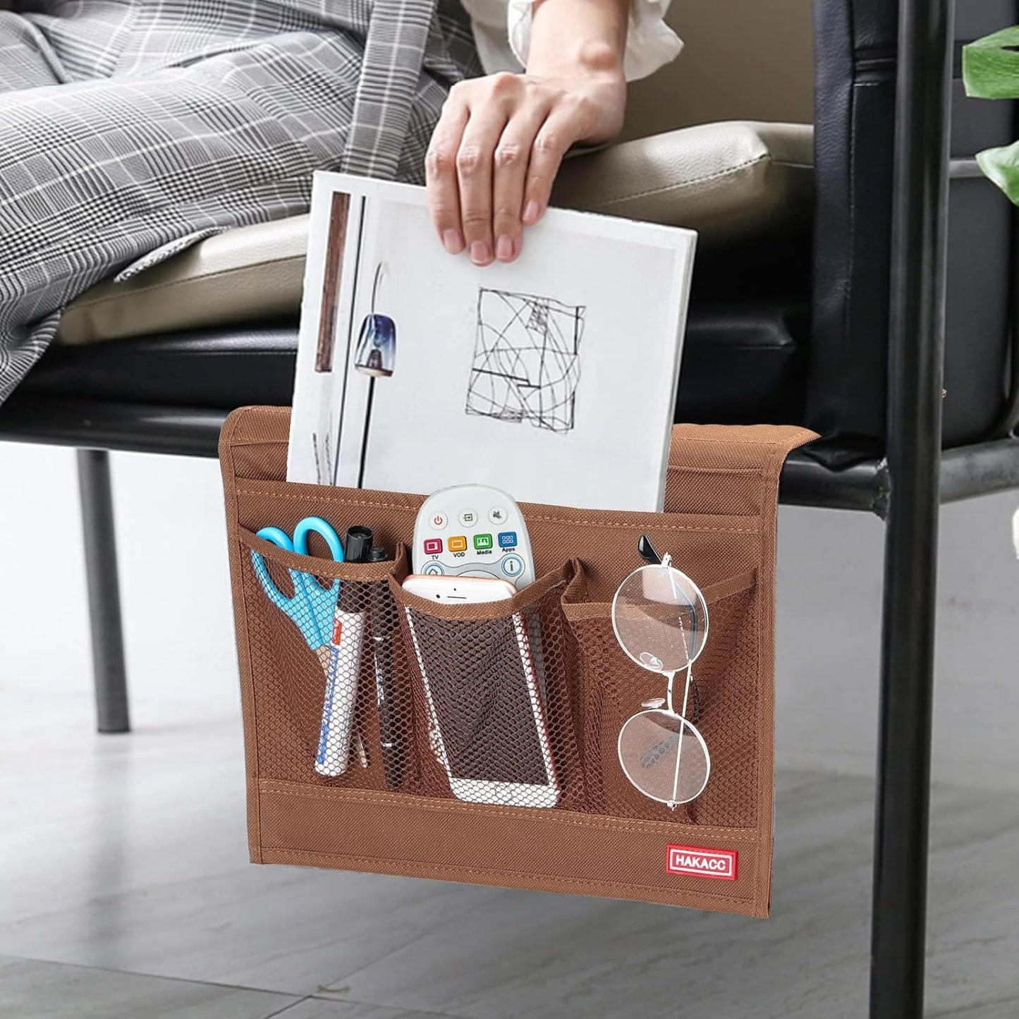 HAKACC Bedside Organizer, Bedside Storage Caddy Organizer with Hanging Pocket, Remote Holder for Bed Accessories, Brown