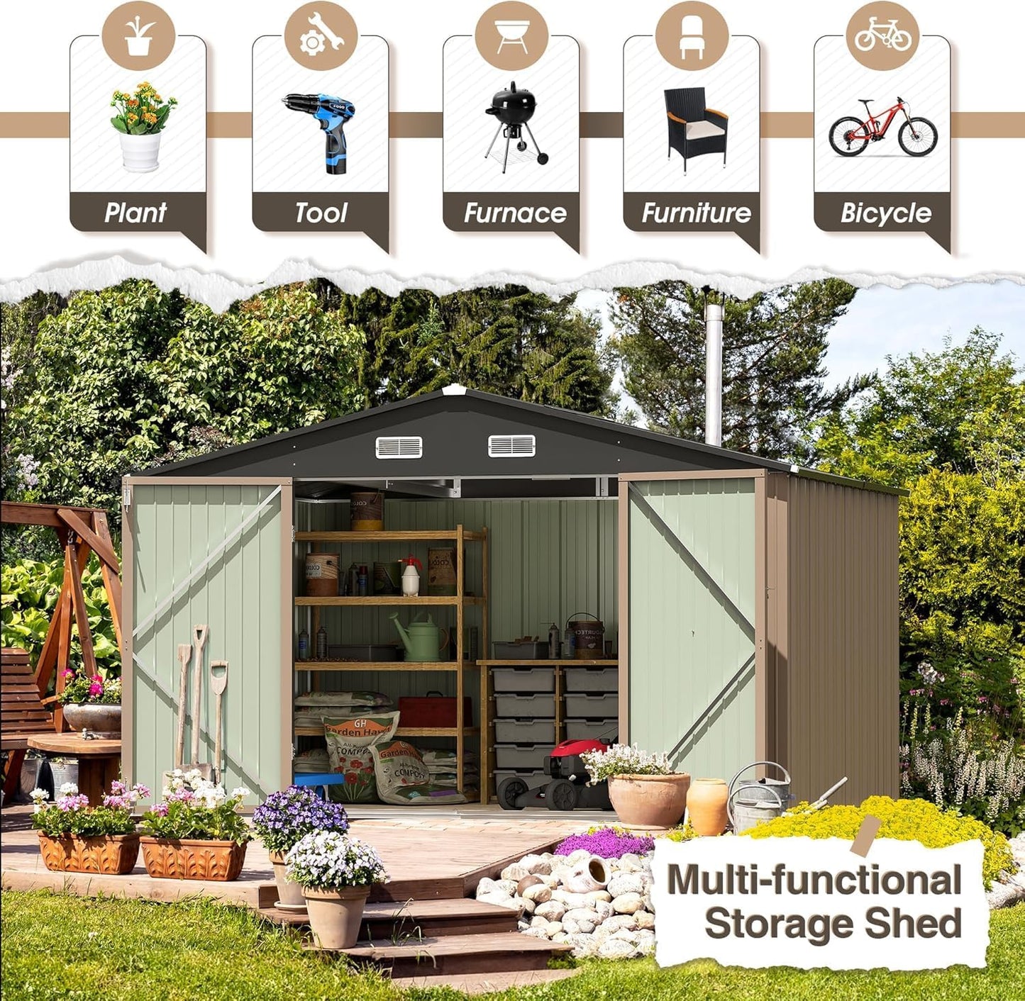 Furniwell 10x8 FT Outdoor Storage Shed, Metal Garden Sheds Outdoor Storage House with Single Lockable Door for Backyard Patio Lawn, Brown