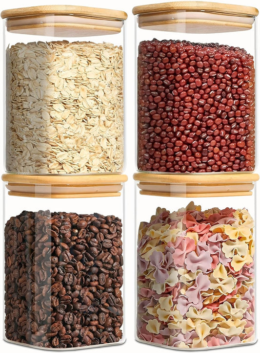 1.2 Qt Square Glass Storage Containers with Lids, glass jar with airtight lid, Glass Canister for Pantry Cookie Cereal Rice Sugar Tea Coffee Beans Spice, Square Set of 4