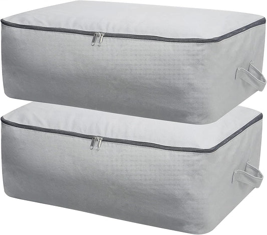 2PCS Durable Cotton Canvas, Soft Space Save Storage Bag Wardrobe Organizer with Handle & Zipper for Beddings, Comforters, Pillows, Blankets, Clothes, 25.6×18.5×8.7inch, Light Gray