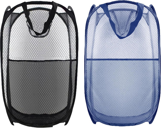 Collapsible Pop Up Laundry Hamper, Extra Large Mesh Foldable Laundry Basket Bag, 28" x 16" x 16", 2 Pack (Black + Blue)