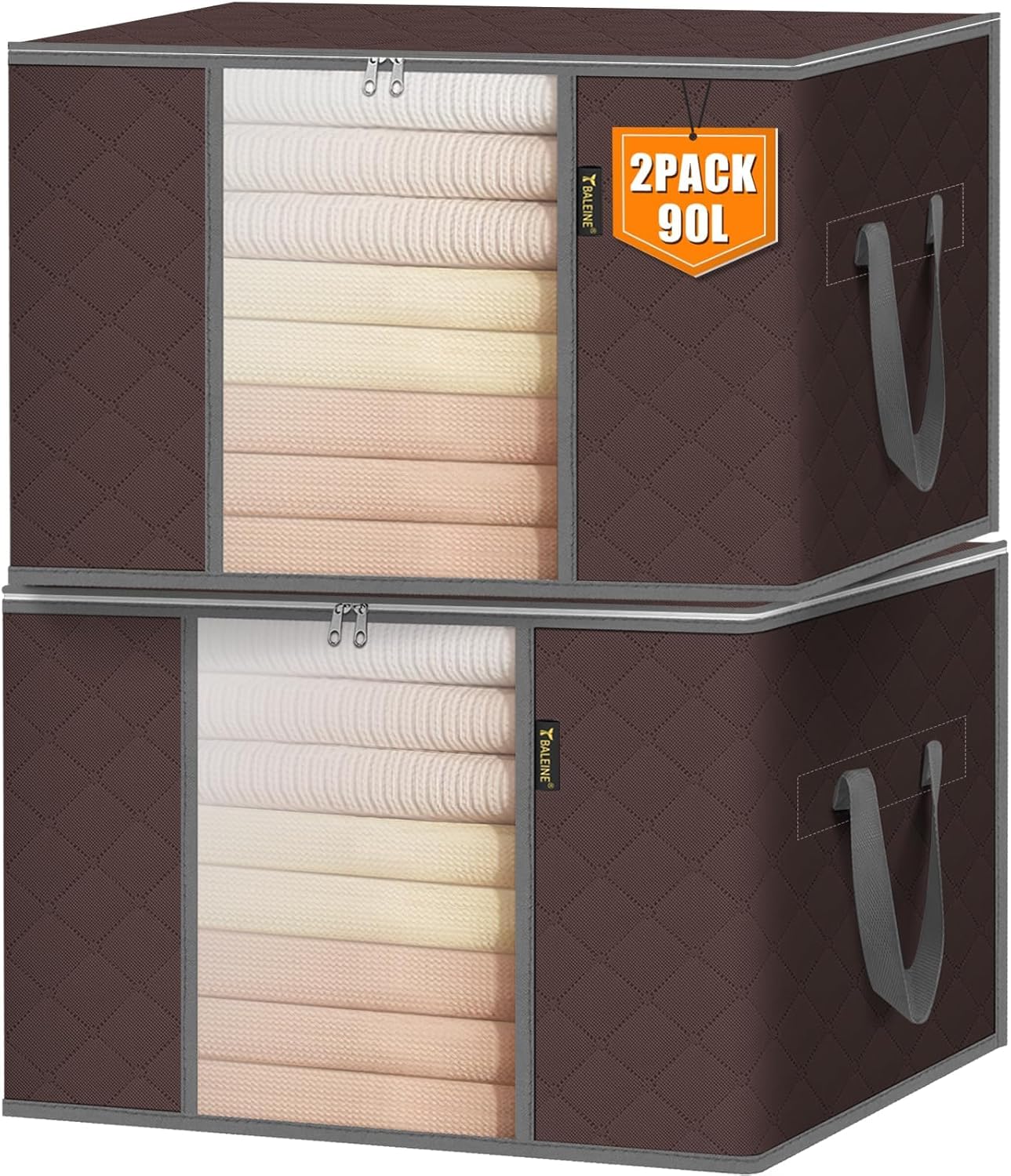 BALEINE 2 Pack Clothes Storage Bags, 24 Gallon Storage Containers with Reinforced Handle, Sturdy Zipper, Closet Organizer for Blanket, Comforter, Pillow, Bedding (Brown, 2 Pack)