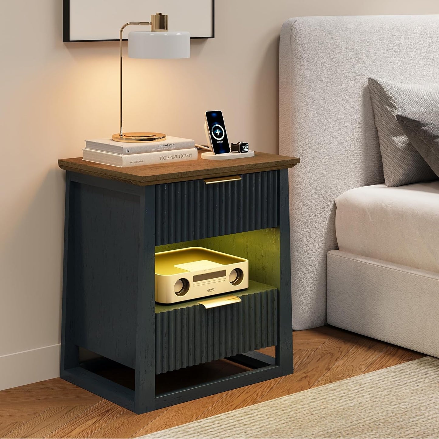 HIFYOBRO Fluted Nightstands Set of 2 with Charging Station & Motion Sensor Light, Modern Bedside Tables with 2 Drawers and Storage Shelf for Bedroom, Blue