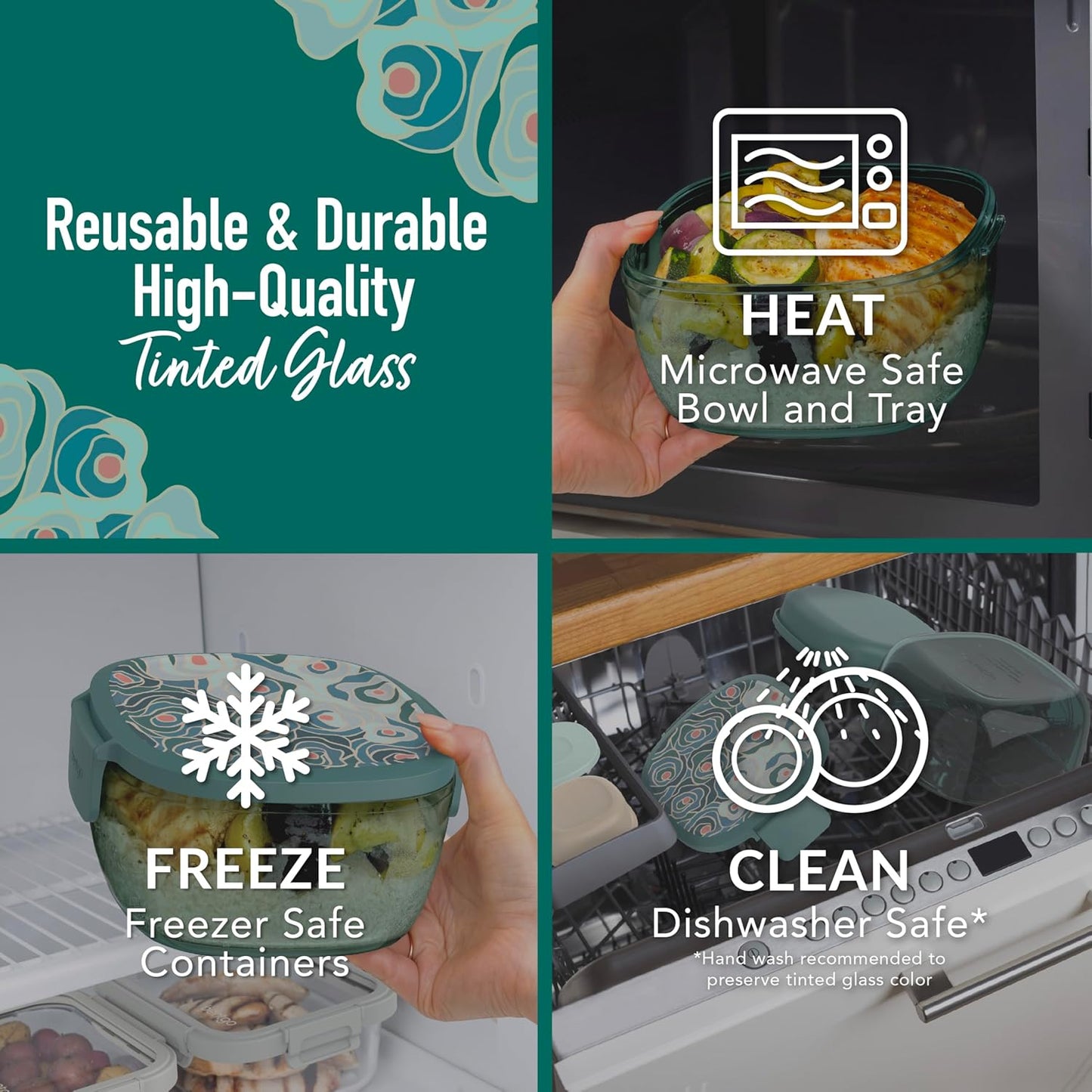 Bentgo Glass Prints All-in-One Salad Container - 61oz Tinted Glass Salad Bowl with Lid, Bento-Style Tray, Sauce Container, & Reusable Fork - Dishwasher & Microwave Safe (Floral Maximalist - Sea)
