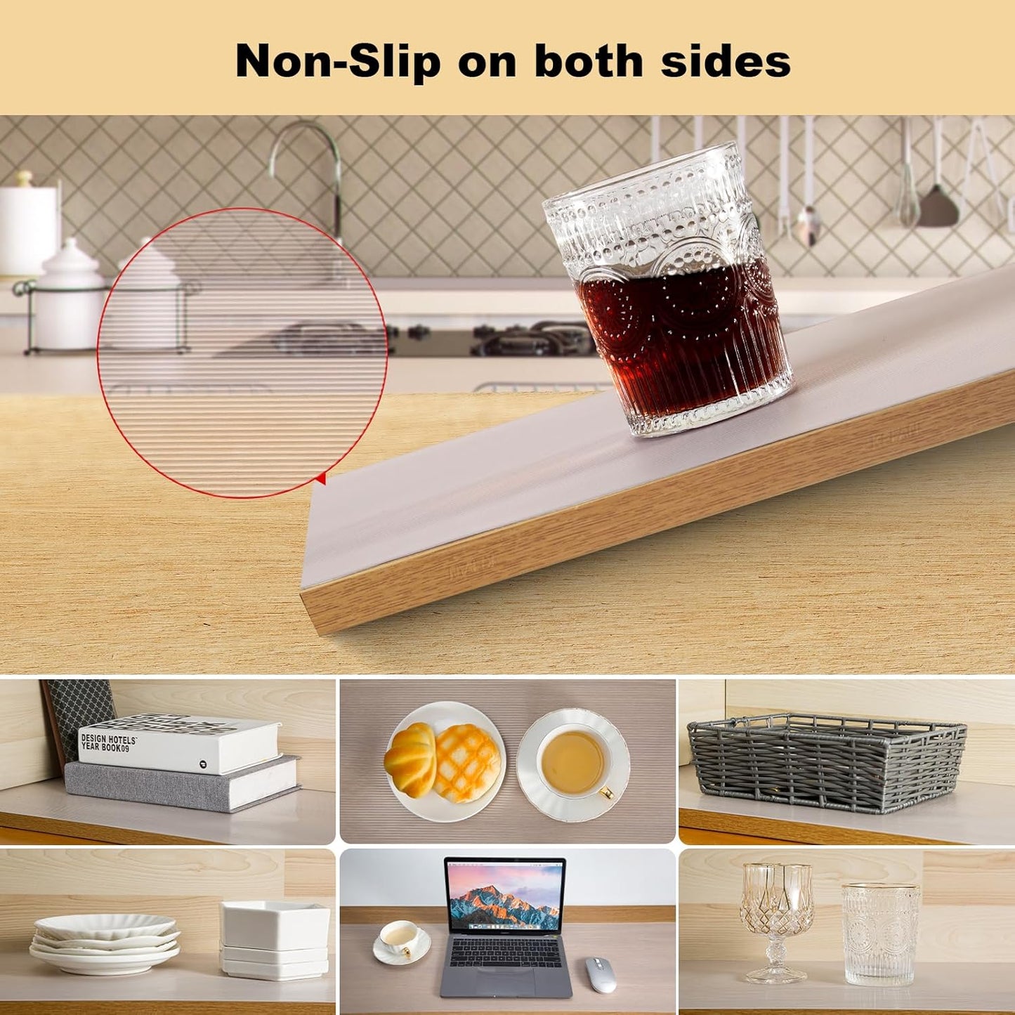 Shelf Liner, 14 Inches x 20 FEET Non-Slip Kitchen Cabinet Liner, Washable Oil-Proof Non-Adhesive Contact Paper for Kitchen Drawer, Cabinet, Shelves, Refrigerator, Storage, Desks, coutertops
