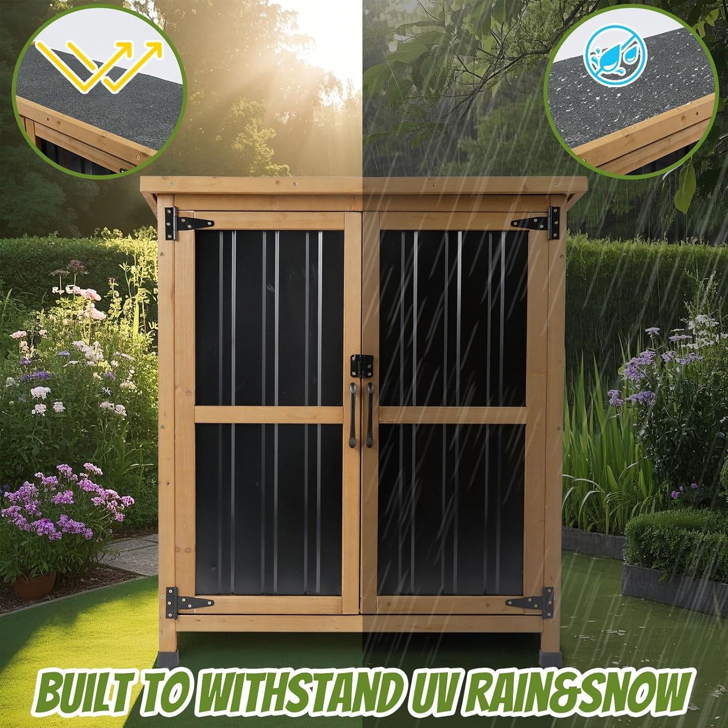 Outdoor Storage Cabinet, Small Wood & Metal Storage Shed with Lockable Doors & Adjustable Shelves, Vertical Outdoor Cabinets for Patio Backyard,Garden Tool Shed and Accessories, Brown