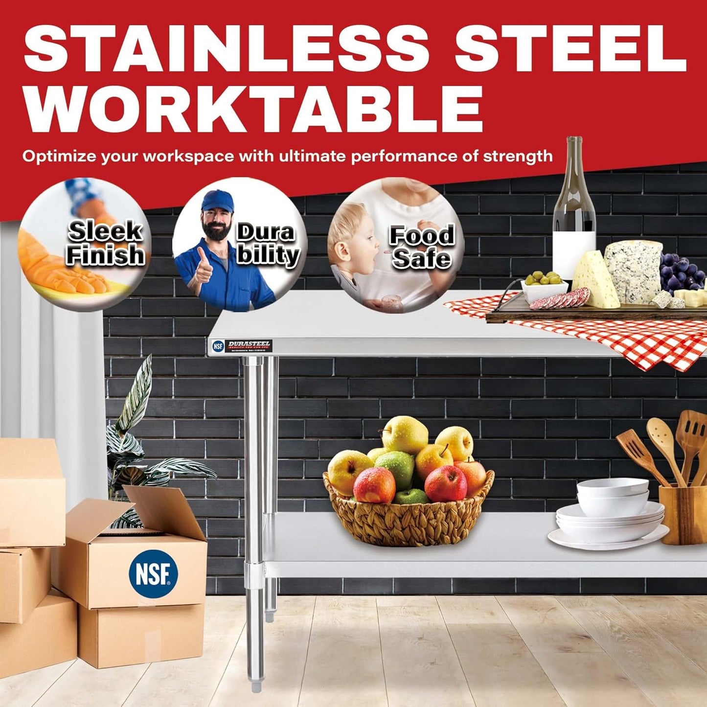 DuraSteel 24x48 Stainless Steel Work Table - NSF Commercial Prep Metal Table - Outdoor Pizza Oven Stand w/Under Shelf - Kitchen Island Laundry Utility Garage Microwave Stand Large Rolling Storage Cart
