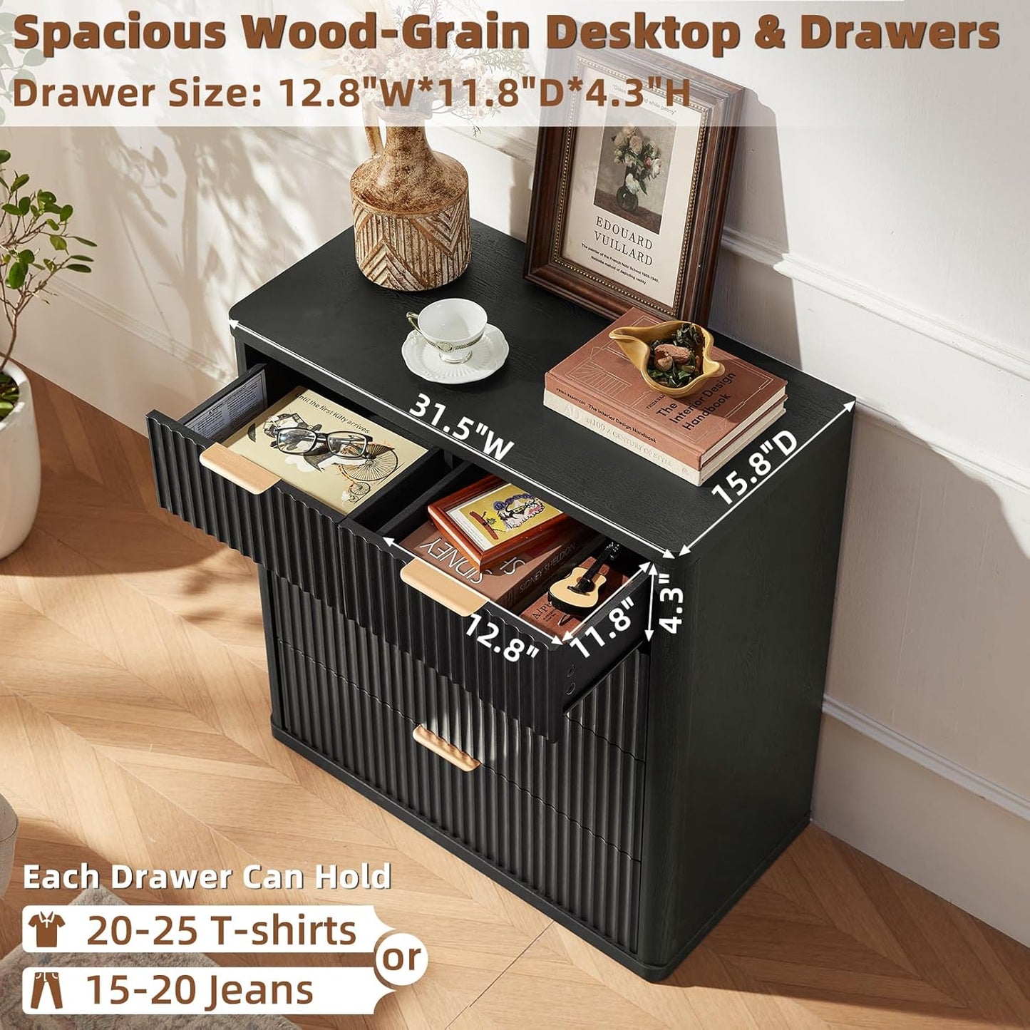 LEYAOYAO Fluted 5 Drawers Dresser for Bedroom, 34" Tall Modern Chest of Drawers with Metal Handle, Curved Profile Design,Black Wood Drawer Organizer for Bedroom, Living Room, Hallway, Entryway