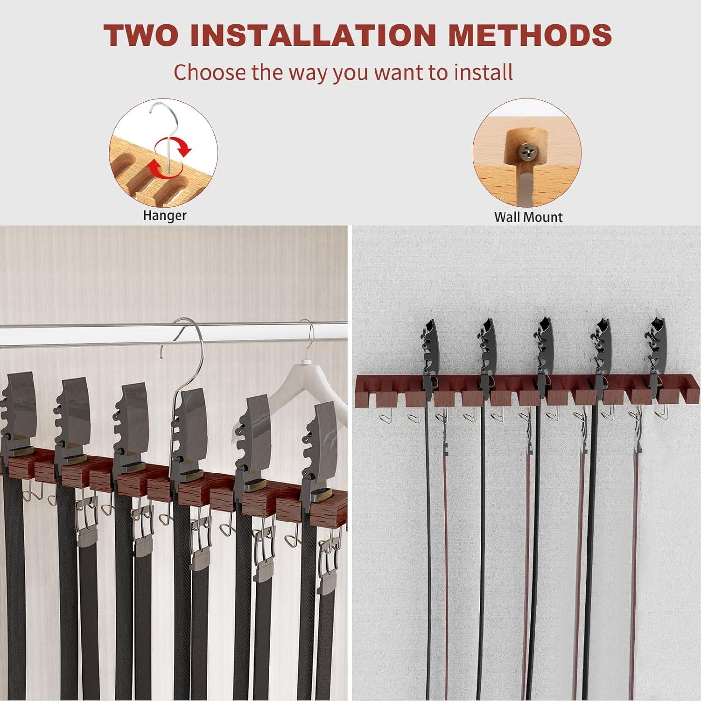 Belt Hanger for Closet Max 42 Belts, 2-in-1 Wall Mount Belt Organizer with 360° Rotating Hooks, Wooden Tie and Belt Rack for Closet Accessories Organizers and Storage, Walnut Wood