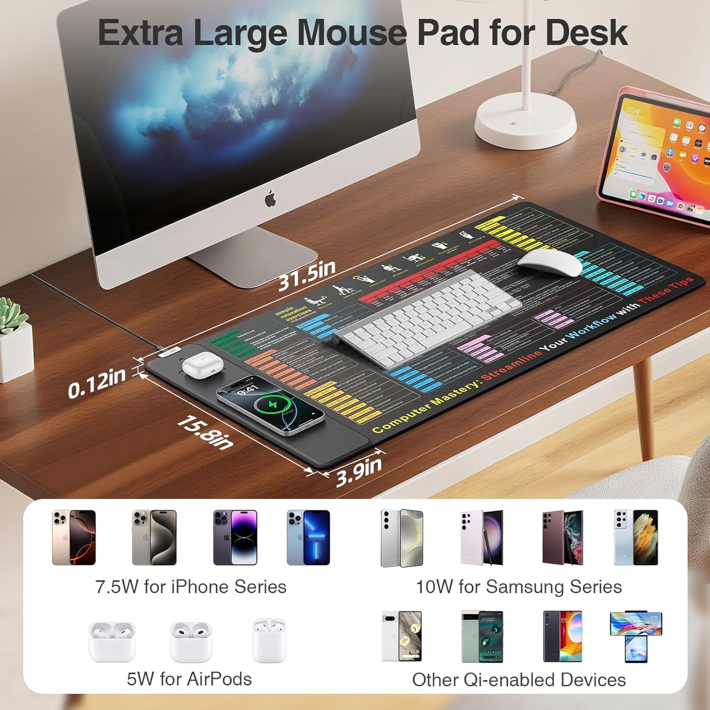 Excel Cheat Sheet Mouse Pad with Wireless Charging, 31.5"x15.8" Extended Excel Shortcuts Desk Pad, Waterproof Ultra-Smooth Keyboard Mat, Non-Slip Base