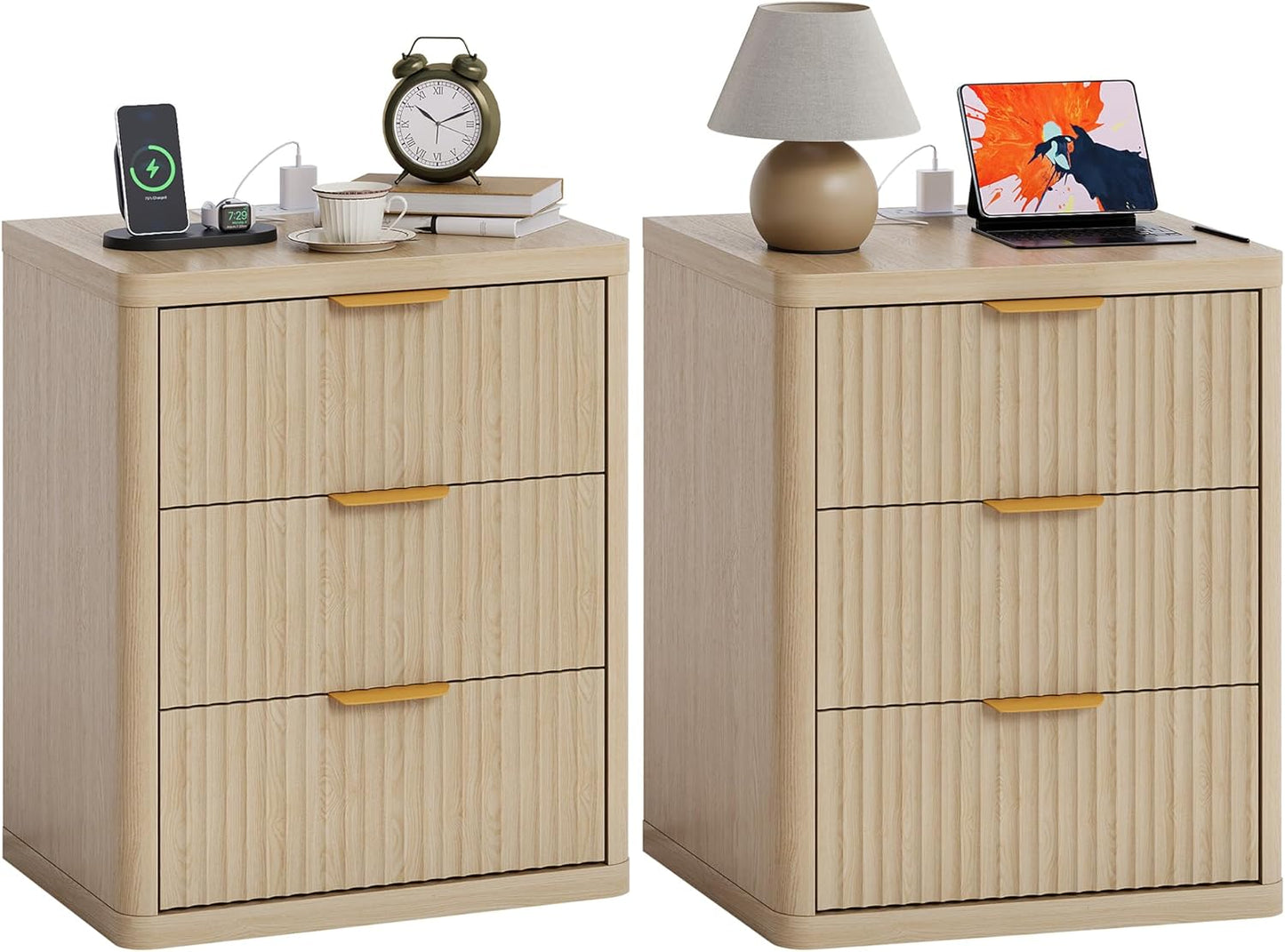 Fluted Nightstand Set of 2 with Charging Station, Bedside Table with 3 Drawers Storage Space, Metal Handles and Rounded Corners for Safety, Mid Century Modern End Table, for Bedroom, Living Room