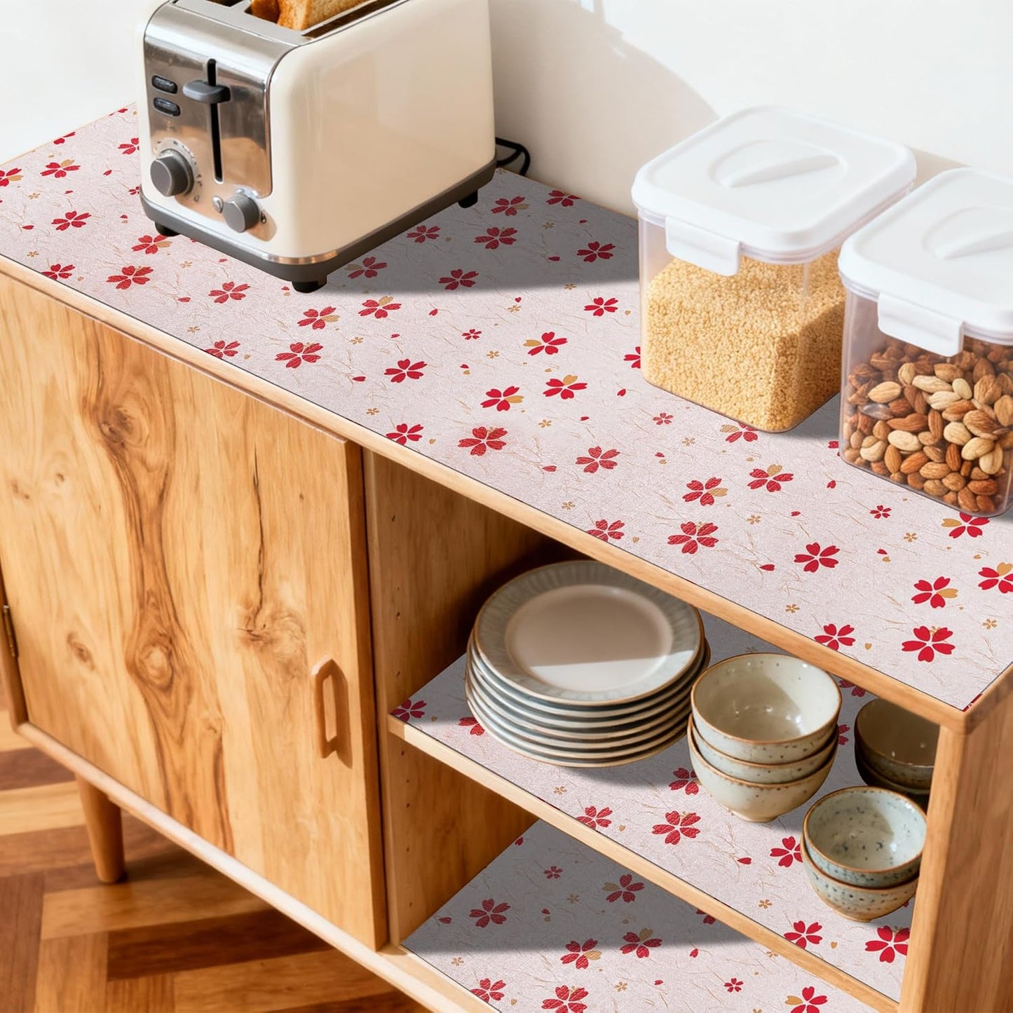 FIFTY FEET 18"x96" Non-Adhesive Shelf Liner for Kitchen Cabinets and Drawers, Washable Non-Slip PVC Cabinet Liner (Red Floral)(1 Roll)
