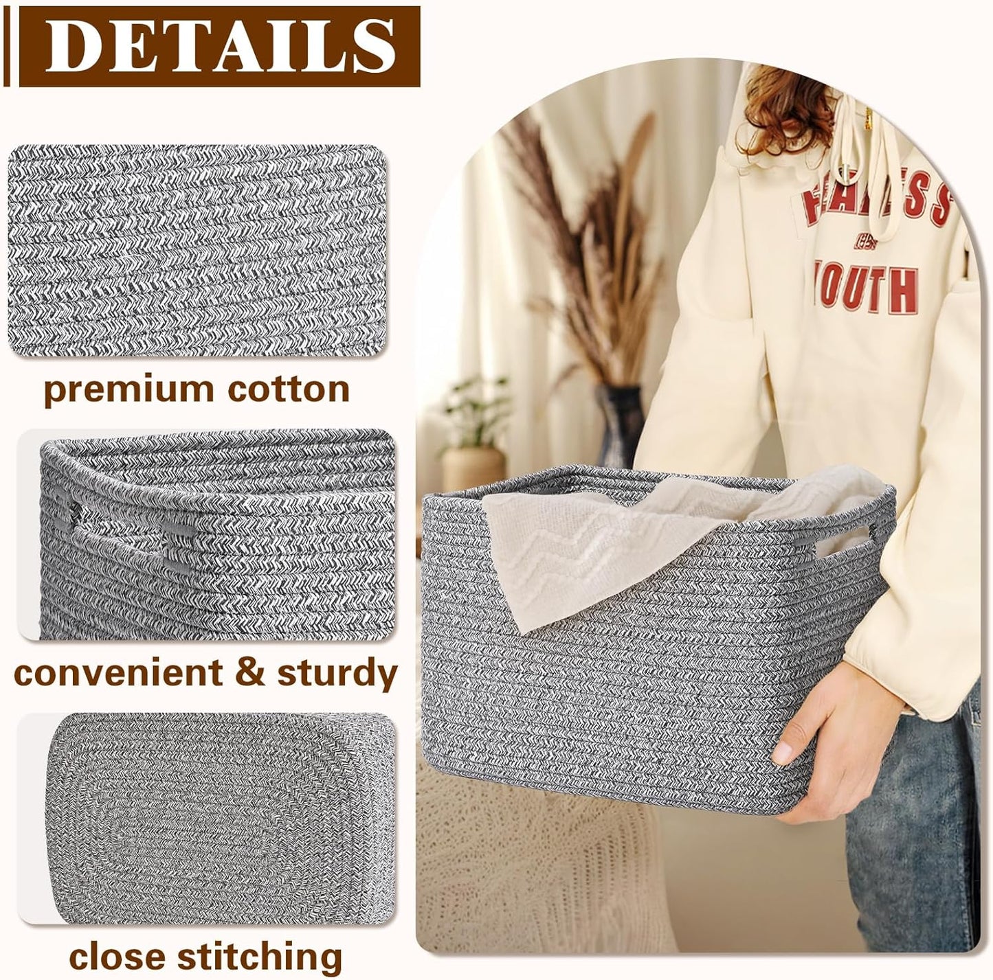 Storage Baskets for Organizing, 4 Pack Storage Baskets for Shelves, Woven Basket for Shelves, Closet Organization, Rectangle Organizer Basket Gifts Empty, 13"Lx8.7"Wx7.9"H Decorative Bins with Handles