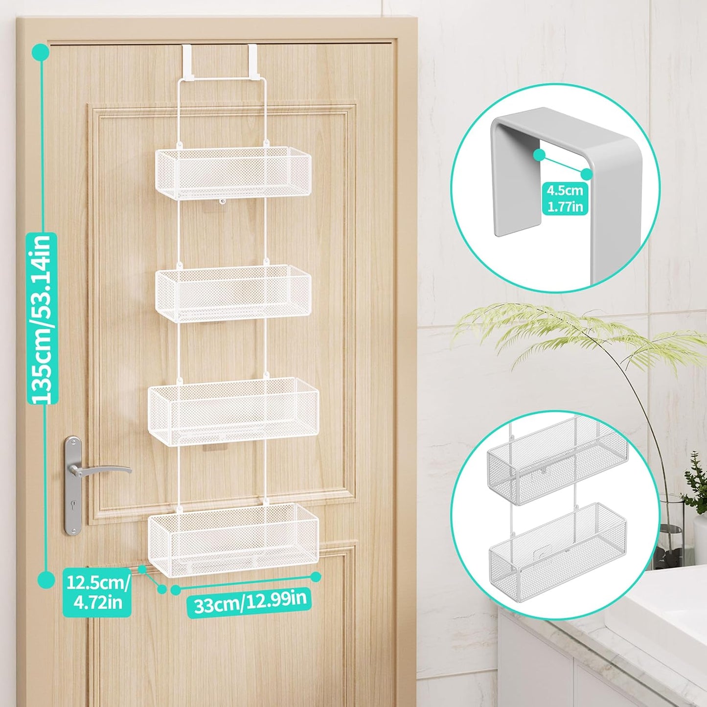 HapiRm Over Door Organizer Storage - Separable Door Organizer Hanging with 4 Metal Large Capacity Baskets for Bathroom Bedroom Kitchen Pantry Closet (White)