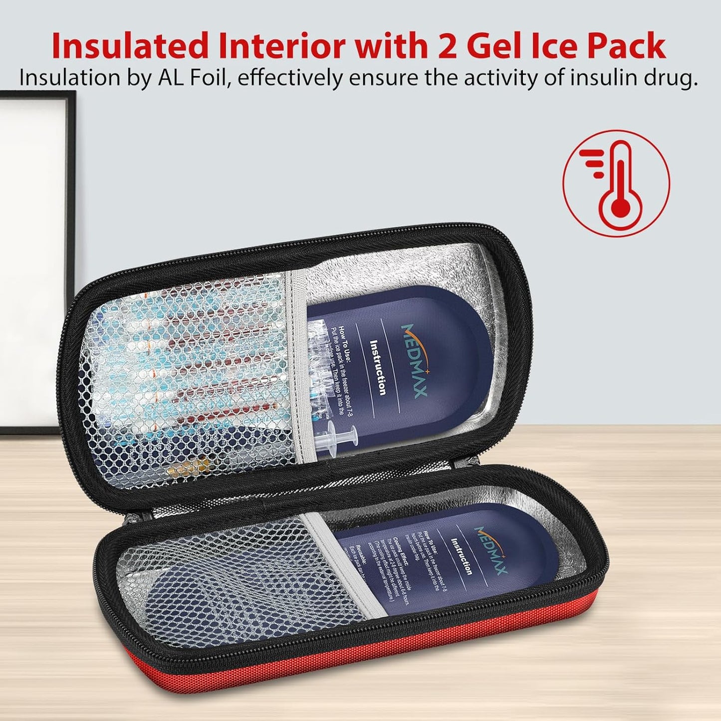 Hard Shell Insulin Cooler Travel Case with 2 Ice Pack, Shock Absorption Insulated Diabetic Medication Organizer Carrying Bag with Extra Pouch for Insulin Pen and Other Diabetic Supplies, Red