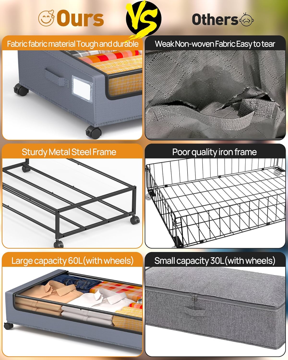 Under Bed Storage with Wheels, Square Under Bed Storage Containers, 4 Pack Under The Bed Storage Bins, Under Organizer with Clear Lids-60L Rolling Underbed Storage For Clothes, Shoes...