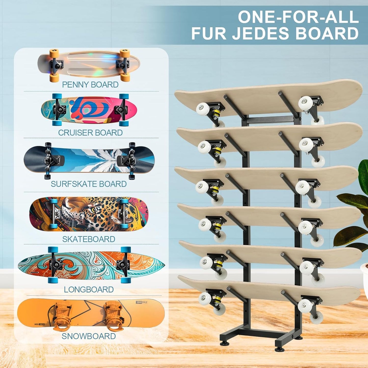 BiJun Skateboard Racks Floor Stand, 6-Layer Skateboard Wall Mount,Snowboard Storage Rack, Skateboard Organizer Floor Stand for Deck, Longboard, Snowboard, Standard Skateboards, Mini Cruiser Skateboard