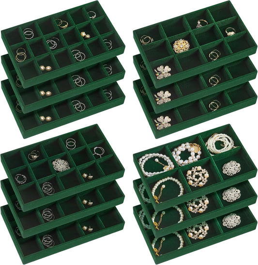 Junkin 12 Pcs Jewelry Tray Velvet Stackable Jewelry Organizer Trays Divided Earring Accessories Storage Containers Box (Rose Red)