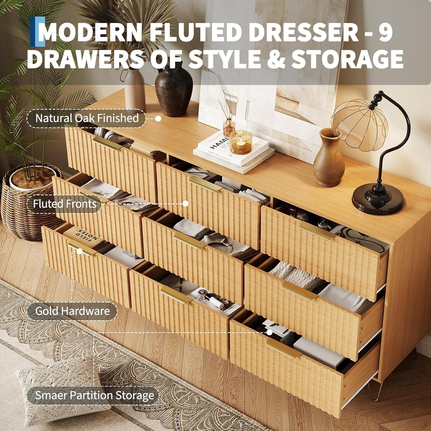 Garvee Fluted Dresser for Bedroom with 9 Drawers,63" Wide Modern Chest of Wooden Bedroom Chest with Metal Handle,Clothes Storage Organizer,Closet Dresser & TV Stand for Living Room,Hallway,Natural