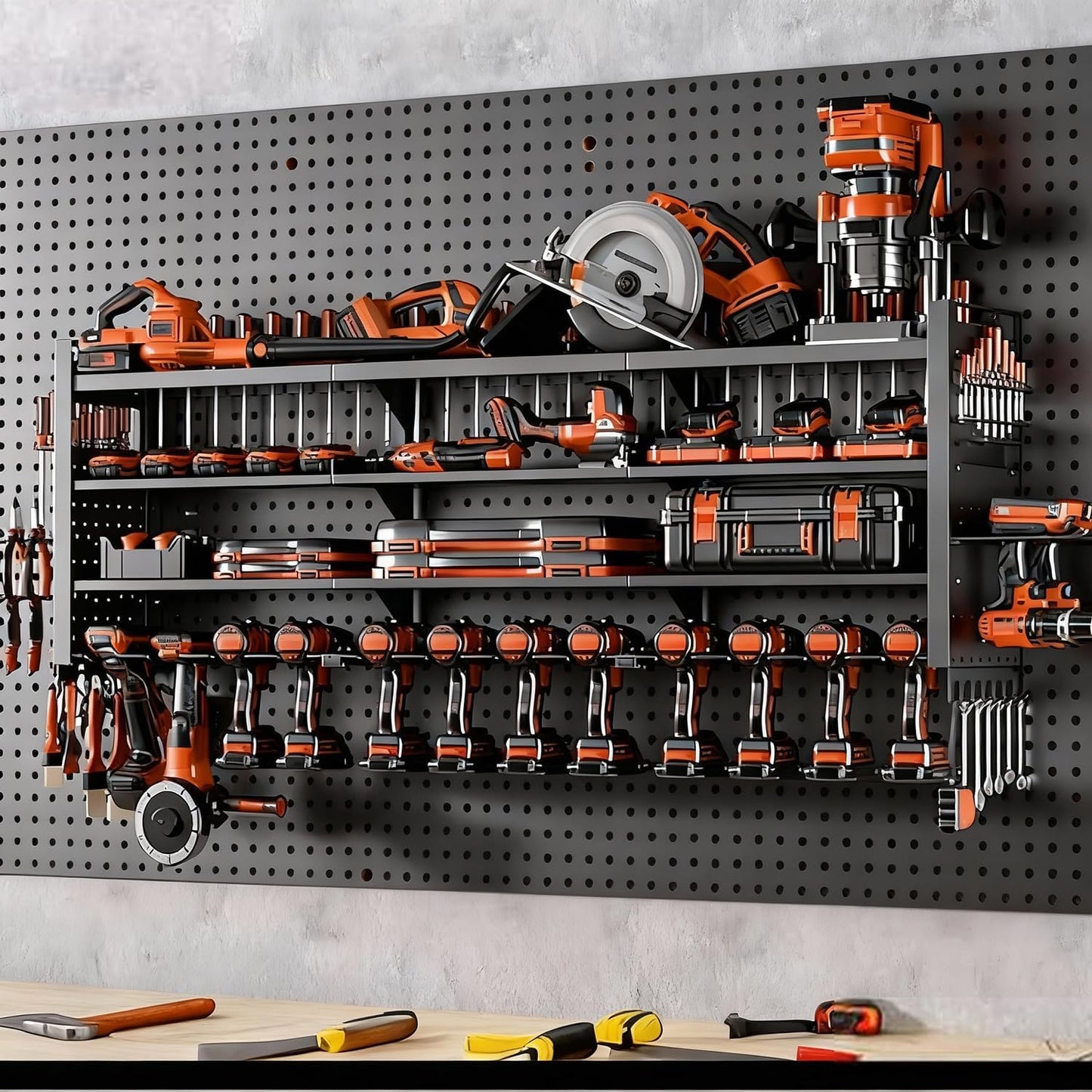 49" W Super Large Power Tool Organizer Wall Mount,Heavy Duty Cordless Tool Organizer with 14 Drill Holder,450 Lbs Capacity 4-Layer Garage Organization for Garage and Workshop (Black)