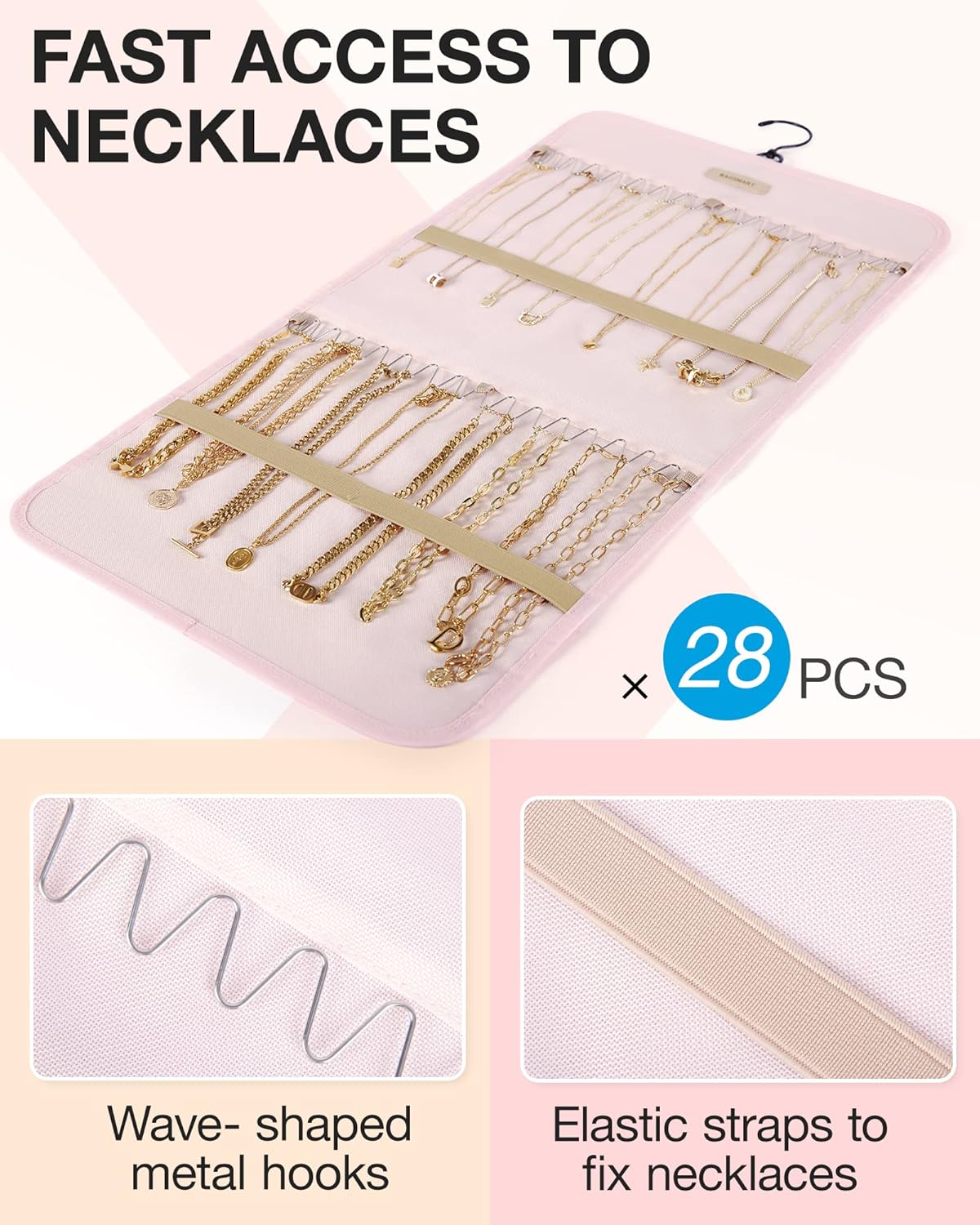 BAGSMART Hanging Jewelry Organizer Storage Roll with Hanger Metal Hooks Double-Sided Jewelry Holder for Earrings, Necklaces, Rings on Closet, Wall, Door, 1 piece, Medium, Pink