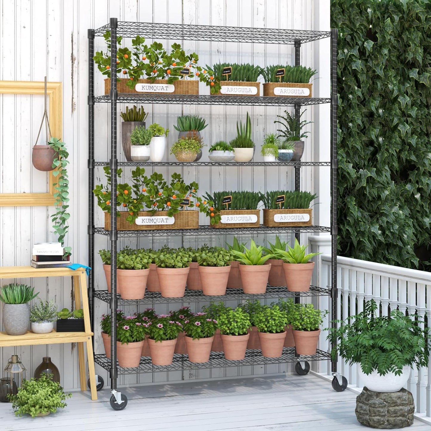 Himimi 82" H Storage Shelves 6 Tier Metal Shelving Adjustable Wire Shelf with Wheels, Heavy Duty Shelving for Garage Kitchen Pantry Bathroom Laundry,18" D*48" W*82" H, Black